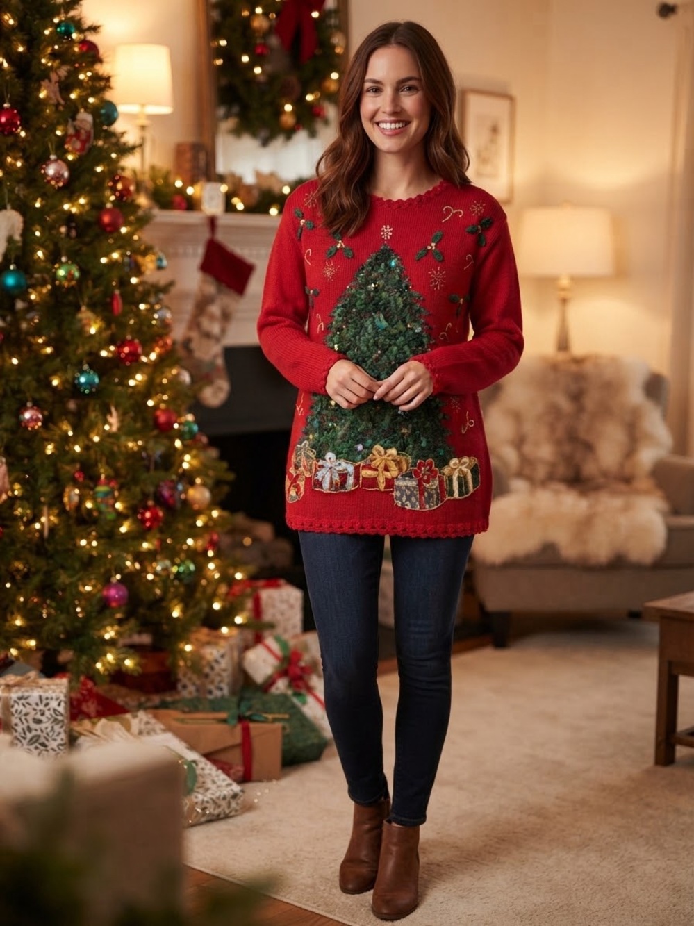 Vintage knit embroidered Women’s Red Christmas tree party Sweater 3D Bells lace